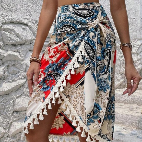 Boho Paisley Print Tassel Trim Wrap Knot Side Skirt - Picture 1 of 5